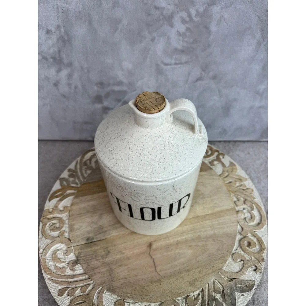 Vintage Style‎ Speckled Ceramic Flour Canister Jar with Handled Lid Cork 8.5in